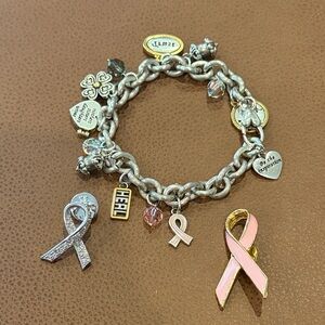 Breast Cancer Awareness Charm Bracelet + Pink Ribbon Pins Bundle